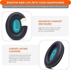 WC Wicked Cushions Premium Replacement Ear Pads for Bose Headphones – Compatible with QC15 / QC25 / QC35 & 35 Ii / QC2 / AE2 / Ae2I / AE2W / Soundlink – Softer Leather, Luxury Memory Foam | Black