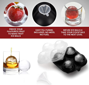 Sunset Silicone Sphere Ice Tray – Mold for 4 Ice Balls 6 Cm with Funnel + Locking Lid | Flexible Ice Moulds for Whiskey, Cocktails & More | Large Ice Cube Tray Reusable and BPA Free | Aussie Seller