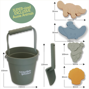 Sustainable Aussie Animal Beach Toys – 6-Piece Silicone Bucket and Spade Set for Outdoor Play, Snow. Travel Friendly for Kids Aged 3 4 5 6