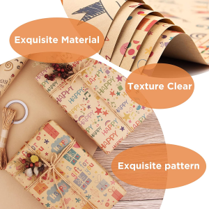 Simpeak 6PCS Wrapping Paper for Birthday, 70 ∗ 50 Cm Wrapping Paper for Children with 20M Kraft Paper Rope, Double-Sided Adhesive Tape and Sticker