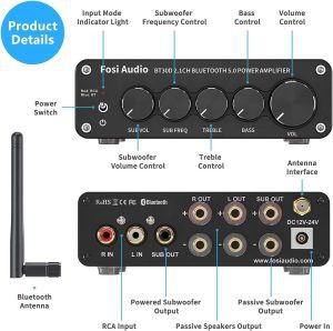 Fosi Audio BT30D Bluetooth 5.0 Stereo Audio Receiver Amplifier 2.1 Channel Mini Hi-Res Class D Integrated Amp 50 Watt X2+100 Watt for Passive Speakers/Subwoofer & Powered Subwoofer