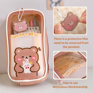 Jaousxu Cute Brown Bear Pencil Case, Aesthetic Pencil Pouch, Kawaii School Supplies Makeup Bag for Girl Women Adult (Sfsef2)