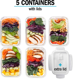 Igluu Meal Prep Glass Containers with Transparent, Steam Vent Lids – Airtight Portion Control Food Storage – BPA Free – Microwavable, Dishwasher and Oven Safe [5 Pack + 1 Spare Lid]