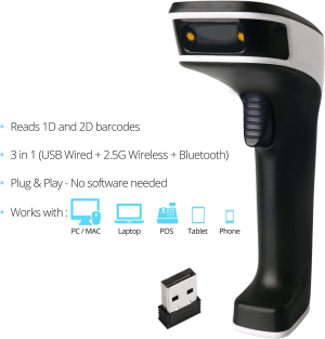 Portable Wireless Bluetooth Barcode Scanner: Scanavenger 3-In-1 Hand Scanners – Cordless, Rechargeable 1D and 2D Scan Gun for Inventory Management – Wireless, Handheld, USB Bar Code / QR Code Reader