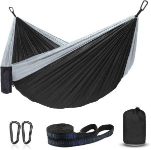 Hammock Camping, Portable Single/Double Hammocks for Outdoor Hiking Travel Backpacking – 210D Nylon Hammock Swing for Backyard & Garden (Black/Gray)