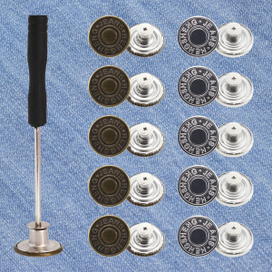 Ginojex 20 Sets Metal Buttons 20Mm Jeans Button Replacement Kit No-Sew Detachable with Thread Rivets Screwdrivers Storage Box (Bronze, Silver)