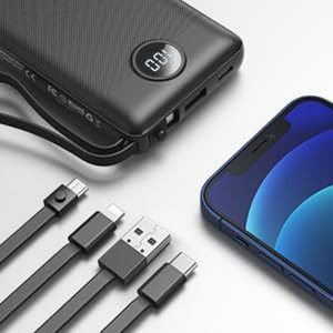 VRURC 10000Mah Power Bank USB C with Built in 4 Cables, Slim Portable Charger with 5 Outputs & 2 Inputs,Led Display External Cell Phone Battery Pack Compatible with Iphone Samsung Android Etc- Black