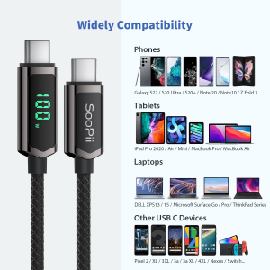 Soopii 100W USB C Cable, 4FT Nylon Braided USB C to USB C Cable, PD Fast Charging Type-C Cable with LED Display for Lphone 15/15 Plus, Macbook Pro, Samsung Galaxy S22/S10, Pixel, LG