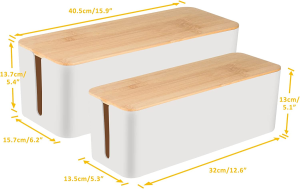Set of Two Cable Management Box by Baskiss, Bamboo Lid, Cord Organizer for Desk TV Computer USB Hub System to Cover and Hide & Power Strips & Cords (White)