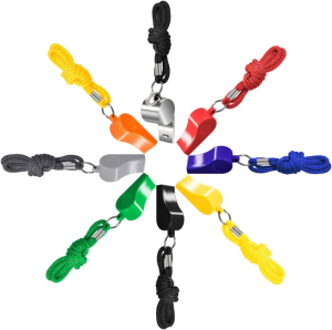 8 Packs Coaches Referee Whistles with Lanyards, Finegood 7 Colorful Plastic and 1 Stainless Steel Metal Whistles for Football Sports Lifeguards Survival Emergency Training – Multi-Color