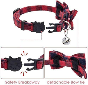 2PCS Breakaway Bowtie Pet Collar with Bell(Red&Green Plaid Style),Christmas Dog Collar with Bow, Christmas Plaid Dog Bow Tie, Adjustable Cotton Red Bowtie Dog and Cat Valentine’S Day Collars for Kitty, Puppy, Dogs,Small Pets