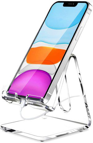 Acrylic Cell Phone Stand, Portable Phone Holder, Clear Phhone Stand for Desk, Compatible with Phone 12 Pro Max Mini 11 Xr 8 plus SE, Switch, Android Smartphone, Pad, Tablet, Desk Accessories