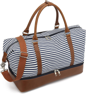 Large Women Canvas Weekender Bag for Travel, 45L Travel Tote Duffel Shoulder Weekend Bag Unisex Overnight Handbag Carry on Duffel Bag (X-Large,Black Stripe)