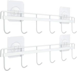 Yizhi Adhesive Wall Hooks Rack Kitchen Rail, Space Saving Utensil Holder No Drilling Wall Mounted Accessory Hanger with 6 Hooks for Kitchen Bathroom Bedroom Pack of 2 (White)