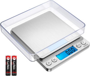 (Upgraded) AMIR Digital Kitchen Scale, 500G Mini Pocket Jewelry Scale, Cooking Food Scale with Back-Lit LCD Display, 2 Trays, 6 Units (Battery Included)