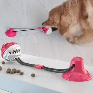 Dog Chew Suction Cup Tug of War Toy Multifunction Interactive Pet Aggressive Chewers Rope Puzzle Toothbrush Molar Bite Squeaky Toys Ball with Teeth Cleaning and Food Dispensing Features (Red and White)