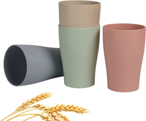 WANBY Wheat Straw Cup 4 Pcs Unbreakable and Reusable Drinking Cups Eco-Friendly Healthy Tumbler Set for Milk Juice and Water Dishwasher Safe (4 Pcs 15 Oz)