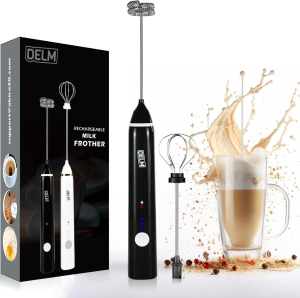 DELM Rechargeable Milk Frother Handheld Foam Maker with Stainless Whisk for Cappuccino, Latte, Bulletproof Coffee, Keto Diet, Protein Powder, Matcha