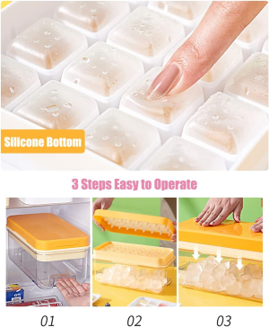 【1S Press to Release】 Ice Cube Tray with Lid and Storage Bin, 32-Tray Easy-Release Ice Cube Maker Flexible Silicone Ice Cube Mold for Freezer, Comes with Scoop and Press Plate