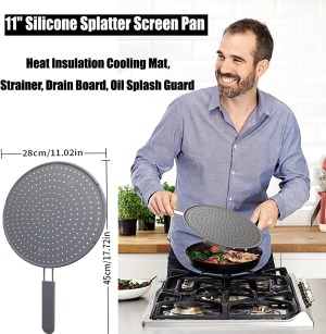 Silicone Splatter Screen Pan Cover 11″, Heat Insulation Cooling Mat, Strainer, Drain Board, Oil Splash Guard for Frying Pan, Non-Stick, Heat Resistant Universal Pan Cover