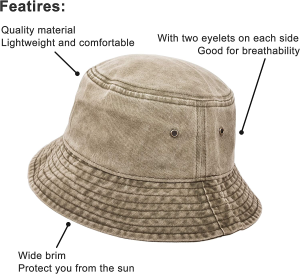 Bucket Hat, Wide Brim Washed Denim Cotton Outdoor Sun Hat Flat Top Cap for Fishing Hiking Beach Sports