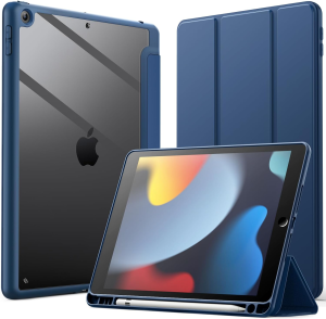 Jetech Case for Ipad 10.2-Inch (9Th/8Th/7Th Generation, 2021/2020/2019) with Pencil Holder, Clear Transparent Back Shell Slim Stand Shockproof Tablet Cover, Auto Wake/Sleep (Misty Blue)