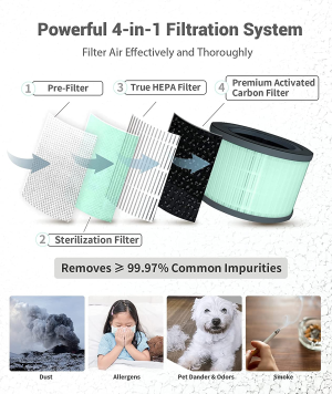 HEPA Air Purifier – Dreamegg Air Purifiers for Bedroom Allergies and Pets, 4-In-1 True HEPA & Activated Carbon Filter, Quiet 360° Air Intake Cleaner with Pet Mode Night Light for Home Smoker Office