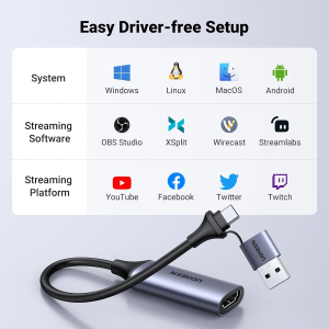 UGREEN Video Capture Card 4K HDMI to USB-A/USB-C HDMI Capture Card Full HD 1080P HDMI to USB 2.0 Capture Video and Audio Recording for Gaming, Streaming, Teaching, Video Conference, Live Broadcasting