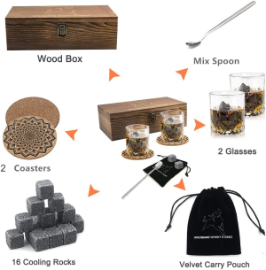 Whiskey Stones Gift Set – Whiskey Glass Set – 16 Granite Whiskey Rocks, 2 Crystal Whiskey Glasses, Drinking Gifts for Men Dad Husband Birthday Party Holiday Present -Scotch Glasses in Wooden Box