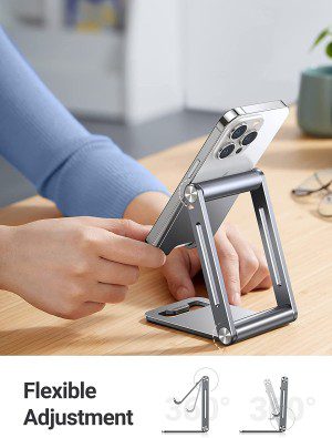 UGREEN Cell Phone Stand Adjustable Aluminum Mobile Phone Holder for Desk Compatible with Iphone 15 Pro Max 14 13 12 11 X 8 plus 6 7 6S, Samsung Galaxy S23 S22 S21 S20 S10 S9 Smartphone Foldable Grey