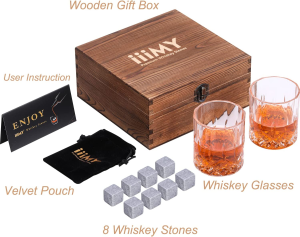 Whisky Stones and Glasses Gift Set, Whisky Rocks Chilling Stones in Handmade Wooden Box– Cool Drinks without Dilution – Whisky Glasses Set of 2, Dad, Husband, Men Gift – Iiimy