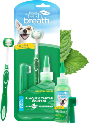 Tropiclean Fresh Breath Oral Care Kit for Small Dogs with Oral Care Gel, Tripleflex Toothbrush and Finger Brush