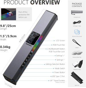 Neewer RGB LED Video Light Stick with Touch Bar & App Control, Magnetic & Handheld Dimmable 3200K~5600K CRI98+ Full-Color with 6400Mah Built-In Battery, 17 Light Scenes for Photography RGB1