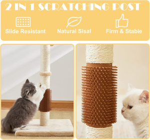 OMIPAWZ 32″ Cat Scratching Post,Sisal Rope Cat Scratcher with Self Groomer Brush, Tall Cat Claw Scratching Post with Hanging Ball (Brown)