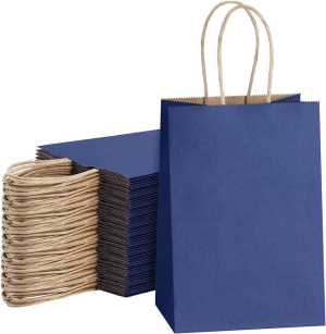 50 Pcs Dark Blue Kraft Paper Bags with Handles, 15X8X21 Cm Bulk Pack Brown Small Gift Bags Eco-Friendly Kraft Bags for Gifts, Business, Shopping, Merchandise, Recyclable, Jewelry