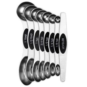 Magnetic Measuring Spoons Set of 8, 7 Measuring Spoons and Cups 1 Leveler Stainless Steel ,Dual Sided Stackable Teaspoon Fits in Spice Jars and Containers for Measuring Dry and Liquid Ingredients（Magnetic 8 Piece）