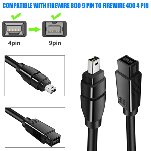 Firewire 800 to 400 9 to 4 Pin Cable (9Pin 4Pin) 1.8M, Tunghey IEEE 1394 Firewire 800 9-Pin/4-Pin Cable for Scanners, Printers, Cameras, DV Camcorders and I-Pods Complies