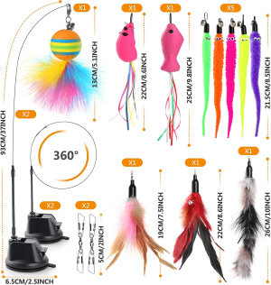 Hianjoo Cat Feather Toys, Interactive Teaser Cat Wand Toy Set 15 Pcs, 2 Upgraded Powerful Sticky Suction Cup with Flexible Wands 2 Connector 11 Replacement Pendants Having Fun Chasing Exercise Playing