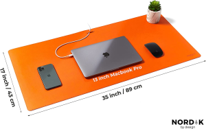 Nordik Leather Desk Mat Cable Organiser (Tangerine Orange 89 X 43 Cm) Premium Extended Mouse Mat for Home Office Accessories – Felt Vegan Large Leather Desk Pad Protector & Desk Blotter Pads Decor Mousepad