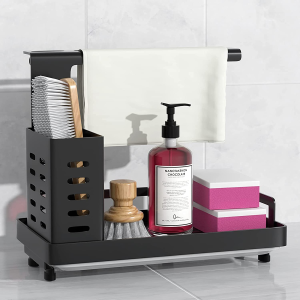 Kitchen Sink Caddy Organiser, Sponge Holder Brush Soap Dishcloth Holder with Drain Pan and 2 Packs Sucker, Stainless Steel Sink Organiser for Kitchen, Freestanding or Wall-Mounted (Black)