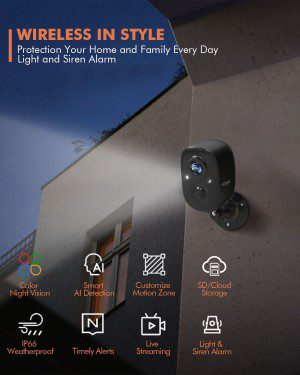 Dzees Security Camera Outdoor Wireless – Battery Powered Wifi Outdoor Camera Wireless, Spotlight, Siren, AI Dectection, Color Night Vision, IP66 Waterproof Cloud/Sd-Black