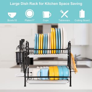 Letersu Dish Drying Rack, 2 Tier Stainless Steel Dish Rack for Kitchen Counter, Large Rust-Proof Dish Drainer with Drainboard, Utensil Holder, Cutting Board Holder, Black