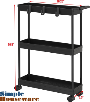 Simplehouseware 3-Tier Slim Rolling Cart with Handle and Hooks for Narrow Storage Places in Bathroom, Laundry and Kitchen, Black