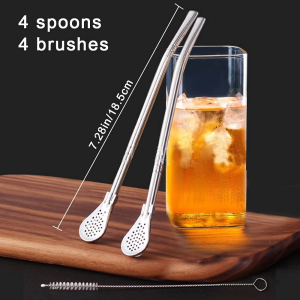 ZANZER Yerba Mate Bombilla Straw, Stainless Steel Drinking Straws with Filter Spoon, Detachable Tea Straws, Reusable for Loose Tea, Coffee, Drinks, with 1 Cleaning Brush, 7.2″ (4 Pack, Silver)