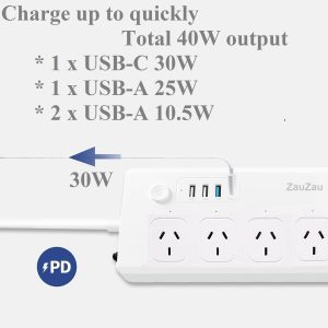 Zauzau Fast Charging PD 40W Power Strip and Surge Protectors Type-C 30W USB-C 18W 4 AC Outlets 10A 1650W 5 Foot Extension Cord Flat Plug for Home Office Hotel (White)