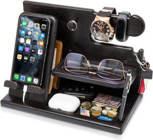 Wood Phone Docking Station Ash Key Holder Wallet Stand Watch Organizer Men Gift Husband Wife Anniversary Dad Birthday Nightstand Purse Father Graduation Male Travel Idea Gadgets (Brown)