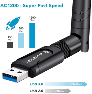 Wifi USB Adapter （AC1200 Dual Band(5.8Ghz/Max 867Mbps & 2.4Ghz/Max 300Mbps), Wifi Dongle with 5Dbi High Gain Antenna, USB 3.0 Wifi Adapter for Wps，Support Windows, Mac Os X 10.6-10.15