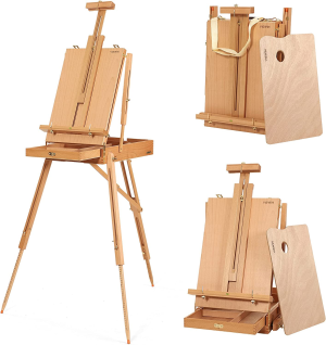 VISWIN French-Style Easels, Holds Canvases up to 34″, Studio & Field Sketch Box Easel with Level Instrument & Scale Leg, Beech Wood Portable French Easel Stand for Painting, Sketching