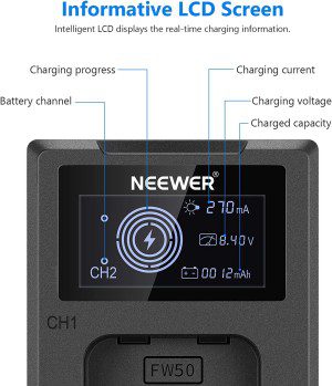 Neewer NP-FW50 Replacement Battery Charger Set, Compatible with Sony ZV-E10, A7, A7R, A7Rii, A7Ii, A7Sii, A7S, A7Rii, A6300, A6400, A6500, RX10, 2-Pack 1100Mah Battery, Dual USB Charger, USB-C Cable