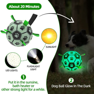 QDAN Glow in the Dark Dog Toys Soccer Ball with Straps, Interactive Dog Toys Puppy Birthday Gifts, Dog Tug Water Toy, Indoor/Outdoor Light up Dog Balls for Small & Medium Dogs（8 Inch Size 3）